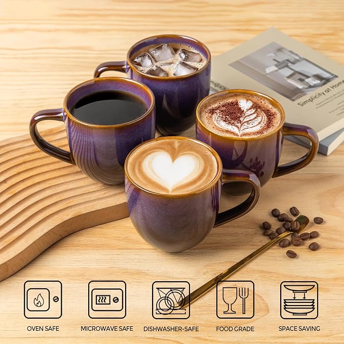 theterra Ceramic Coffee Mugs Set of 6, 12oz Handmade Coffee Cups with Handle for Latte, Tea, Milk, Beer, Hot Cocoa, Amber Amethyst
