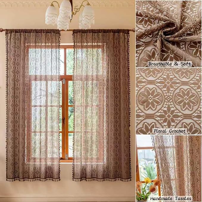 Sutuo Home Dark Coffee Boho Lace Curtains 72 inch Lengh for Nursery Bedroom, Caramel Sheer Floral Curtains Privacy Crochet Vintage Chic Tassels Bohemian Drapes Cottagecore Rod Pocket, 2 Panels 50" W