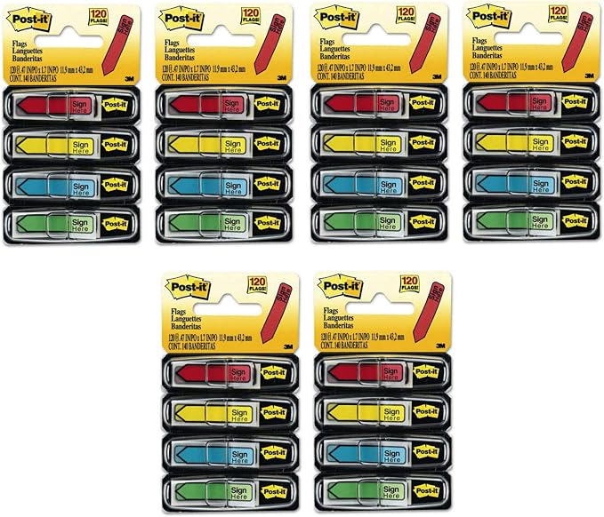 Post-it : Arrow Flags, "Sign Here", 4 Colors with Dispensers, 120 per Pack -:- Sold as 6 Packs of - 120 - / - Total of 720 Each
