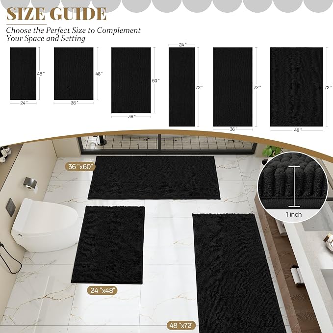 Bathroom Rugs Mat 48 x 36, Thick Soft Absorbent Chenille Bath Rugs, Rubber Backing Bath Mats for Bathroom Floor, Tub, Shower, Bedroom, Home Decor Accessories, Quick Dry Machine Washable, Black