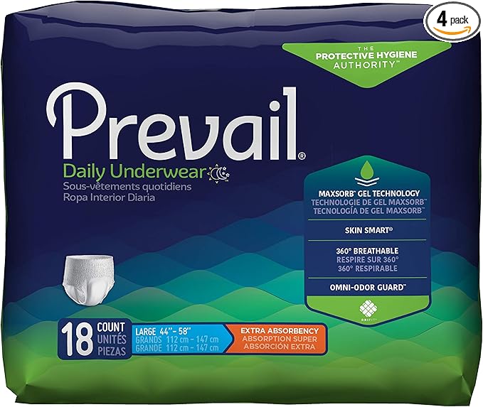 Prevail Daily Protective Underwear - Unisex Adult Incontinence Underwear - Disposable Adult Diaper for Men & Women - Maximum Absorbency - Large - 18 Count (Pack of 4)