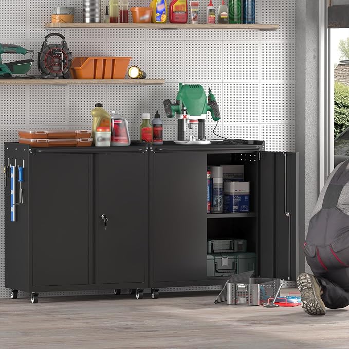 GREATMEET Garage Storage Cabinet with Wheels, Lockable Metal Storage Cabinet, Rolling Tool Cabinet with Adjustable Shelf, Push Handle for Shop, Home, Office, Black