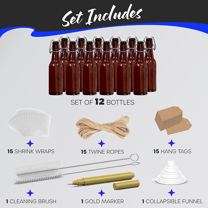 Nevlers 8.5 Oz Amber Swing Top Glass Bottles with Airtight Lid | Small Beer Bottle 12 Pack | Flip Top Glass Bottle Set with Funnel, Brush, Marker, Tags & Shrink Wrap | Homemade Vanilla Extract Bottles