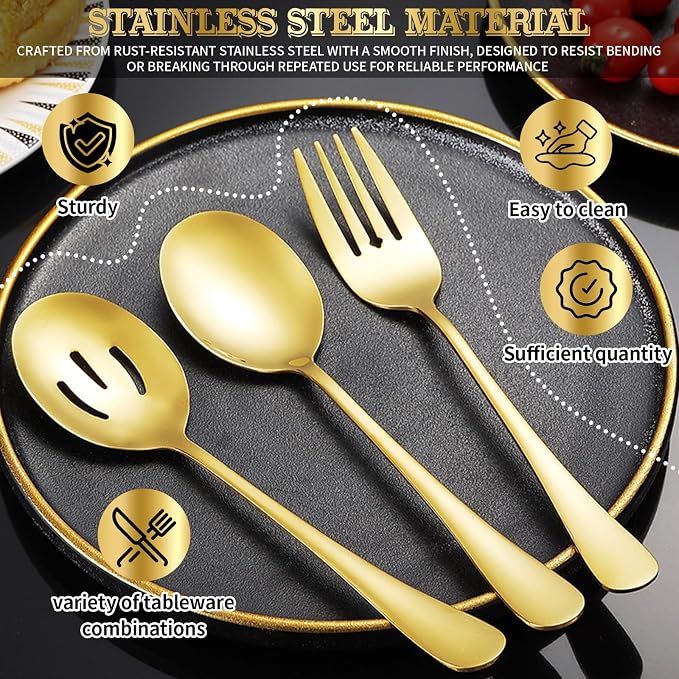 Serving Utensils Set, 24-Piece Large Stainless Steel Serving Spoons and Forks for BBQ, Buffets, Catering, Parties, Weddings, Restaurants - Gold