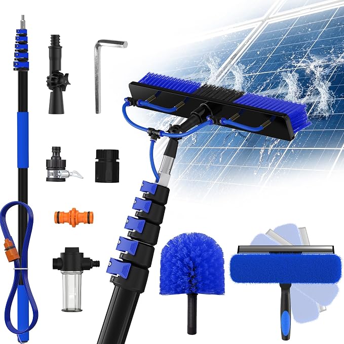 Buyplus 30FT Reach Solar Panel Cleaning Brush Kit with 5-24FT Telescoping Pole, Water Fed Window Cleaner Tool with 20" Brush, Soap Dispenser, Cobweb Duster, Squeegee for Roof, RV, Gutter, Deck, Blue