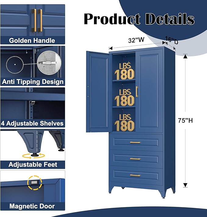 SteeLoong 75" Metal Storage Cabinet with Doors and 2 Adjustable Shelves | Kitchen Pantry Cabinet with 3 Drawers,Blue Kitchen Cabinet with 2 Gold Handles,Food Cupboard for Livingroom,Pantry, Bathroom