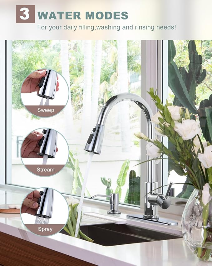 Chrome Kitchen Faucet with Soap Dispenser, WOWOW Stainless Steel Faucet for Kitchen Sink 2 or 4 Hole, High Arc Single Handle Pull Down Kitchen Faucet for Sink, RV, Laundry, Bar