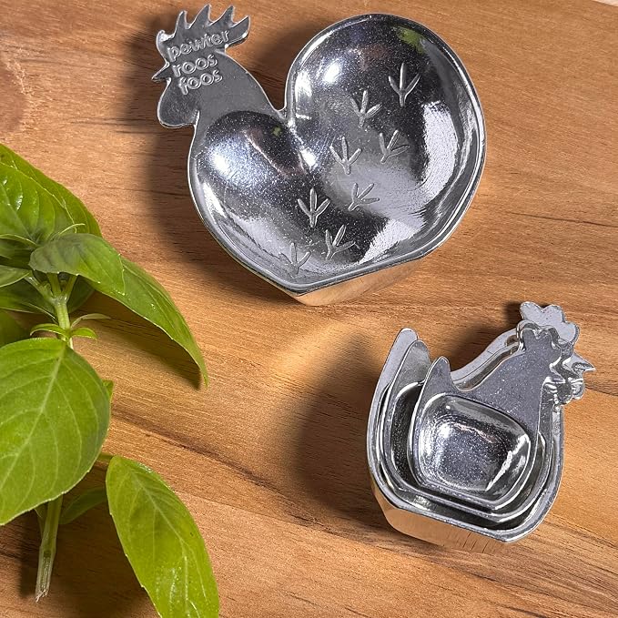 Roosters & Hens 4-Piece Pewter Measuring Spoon Set by Roosfoos, Handmade in the USA