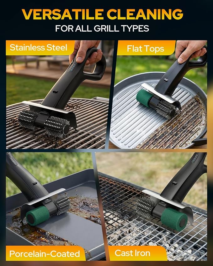 2026 Electric Grill Brush with 2 Brush Heads, 800RPM 25kgf High Torque BBQ Cleaner, 3500mAh Battery, 180 Mins Long Runtime, Extended Handle, Works as Grill Scraper for Tough Grease