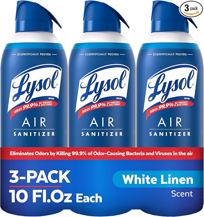 Lysol Air Sanitizer Spray with Bacterial Odor Eliminator for Home & Office, Sanitizing Air Spray, Air Freshener Alternative, White Linen Scent, 10 oz (Pack of 3)