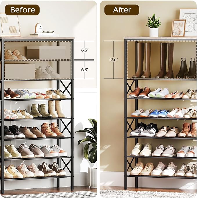YATINEY 8 Tier Shoe Rack, Shoe Storage Organizer, Large Capacity Shoe Shelf Holds 32 Pairs of Shoes, Sturdy and Stable, for Entryway, Hallway, Closet, Dorm Room, Greige and Black SS08BG