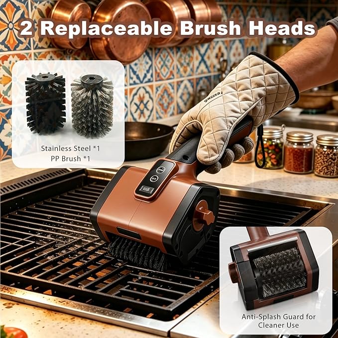 Electric BBQ Grill Brush,3000mAh Electric Grill Cleaner for Outdoor Grill, 2-Speed Power, Type-C Charging, 2 Brush Heads & LED Light, Motorized Grill Cleaning Brush for Camping & Family BBQ (Brown)