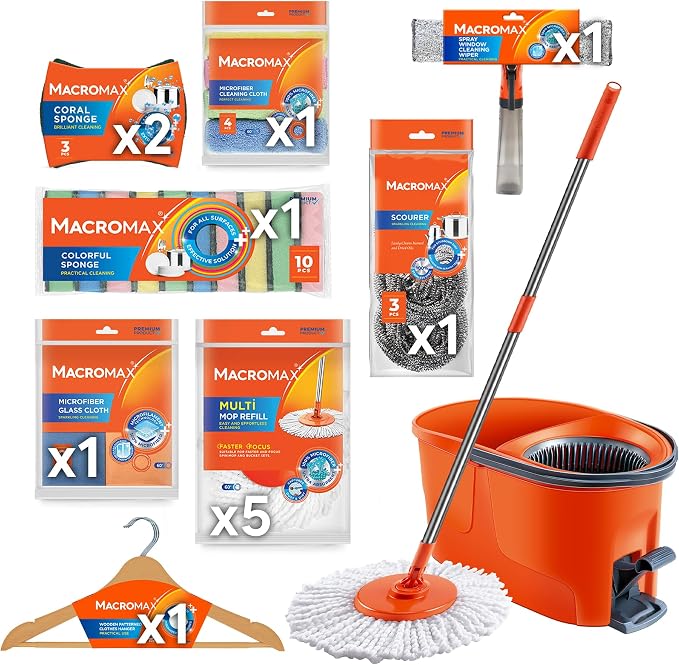 Complete Home Cleaning Kit with Spin Mop Bucket 5 Refills Cloths Sponges Scourers Household Supplies Set