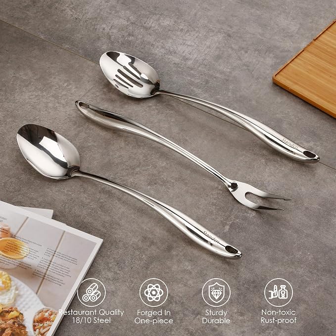 304 Stainless Steel Kitchen Utensil Set - 9 PCS Serving Utensils, Cooking Utensil, Solid Spoon, Slotted Spoon, Fork, Spatula, Ladle, Skimmer Spoon, Slotted Spatula Tunner, Spaghetti Spoon, Large Spoon | All Metal Spatula Spoon Set - Turner, Ladle, Skim...