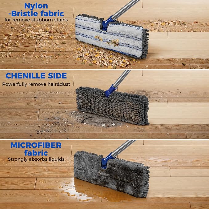 Masthome Microfiber Flat Mop, 16" Wide Floor Mop with 4 Reusable Pads & Hair Scraper, 360° Swivel Dual Sided Flip Mops, Wet Dry Dust Mop for Hardwood, Laminate, Tile, Pet Hai