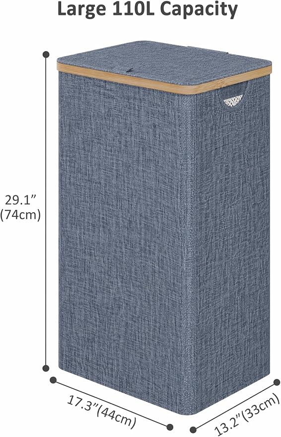 iEGrow Laundry Basket with Lid, 110L Large Laundry Hamper with Banboo Handle, Dirty Clothes Hamper with Removable Inner Bag for Laundry Room Organization- Blue