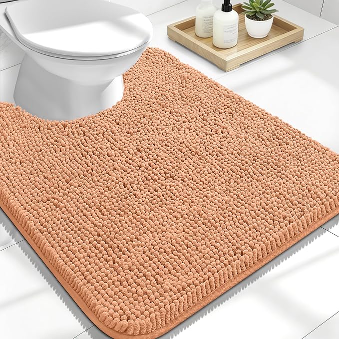 OLANLY Toilet Rugs U-Shaped 24x20, Extra Soft Absorbent Chenille Contour Bathroom Rugs for Toilet, Dry Quickly, Machine Washable, Non-Slip Bath Mat, Peach