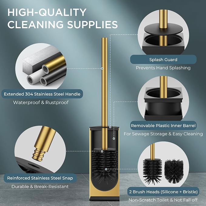 FORIOUS Tall Toilet Brush and Holder Set, Heavy Duty 304 Stainless Steel Base Square and Long Handle for Bathroom Deep Cleaning, Drip-Proof, Space Saving for Storage, 2 Toilet Bowl Brush Head, Gold