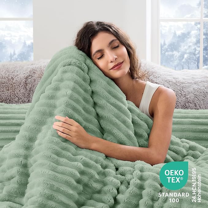 Sasttie Full Comforter Set 3 Pieces - Super Soft Fleece Comforters Full Size, 1 Luxury Warm Fuzzy Marshmallow Comforter with 2 Pillow Cases, Faux Fur Down Alternative Bedding Set, Sage Green