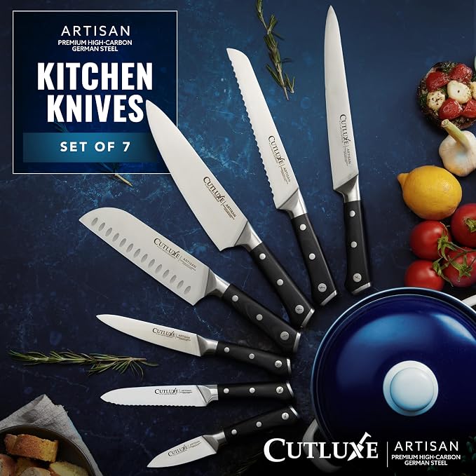 Cutluxe Chef Knife Set, 7-Piece Kitchen Knives – Razor Sharp German Steel | Professional Full Tang Blades with Ergonomic Handles – Artisan Series, Forged High Carbon