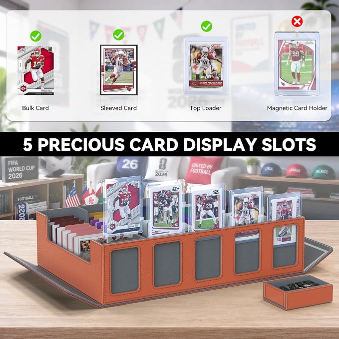 Kabinka Football Card Storage Box with Window Display, 5-Row Sport Card Storage Box, 3900+ Card Deck Box for Football Sports Card TCG, 5 Top Loaders, 5 Stoppers, 48 Dividers, 1 Dice Tray(Football 1)
