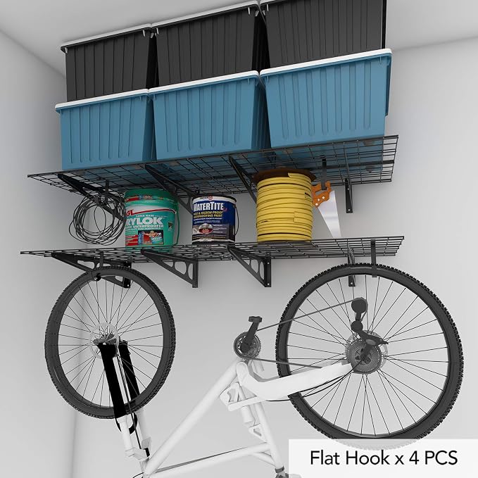 FLEXIMOUNTS 2-Pack 2x6ft Garage Shelving with Hooks 24-inch-by-72-inch Wall Shelf Garage Storage Racks Floating Shelves, Black, Classic Series