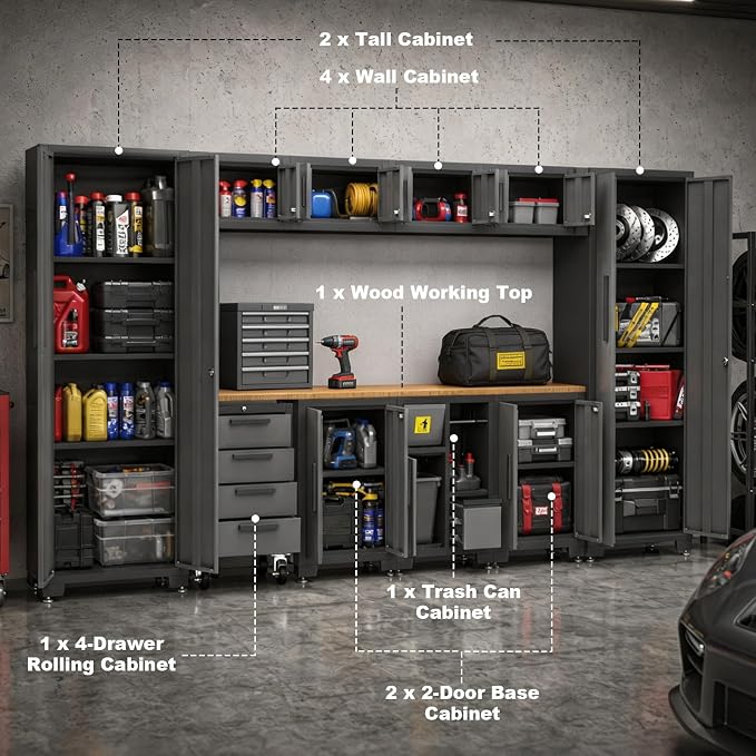 Torin Garage Storage Cabinets System, 12-Pcs Workshop Cabinet Set in Black | Trash Can Cabinet and Steel Cabinets Drawers Rolling Chest, Locked Storage Cabinet, Perfect for Organizing Garage and Tools