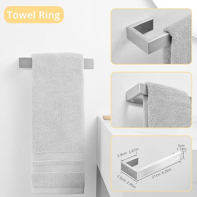 Fapully 23.6-Inch 6 Piece Bathroom Hardware Accessories Set Stainless Steel Wall Mounted Brushed Nickel Include Towel Bar,Hand Towel Holder,Toilet Paper Holder,Robe Towel Hook,Coat Hook,Towel bar Set