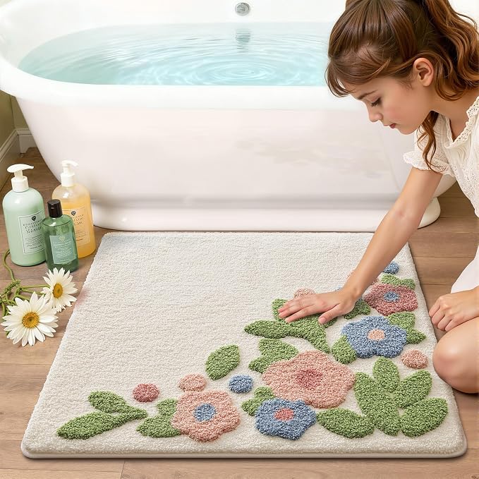 LUMI Bathroom Rugs Cute Flower, Soft Absorbent Squarer Bath Mat Non-Slip, Machine Washable Quick Dry Warm White Bloom Luxury Rug Flower for Kids Room, Bathtub, Home Decor, 26"x26"