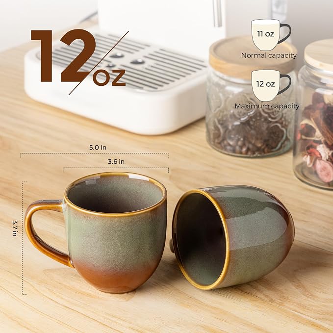 theterra Ceramic Coffee Mugs Set of 6, 12oz Handmade Coffee Cups with Handle for Latte, Tea, Milk, Beer, Hot Cocoa, Sage Umber