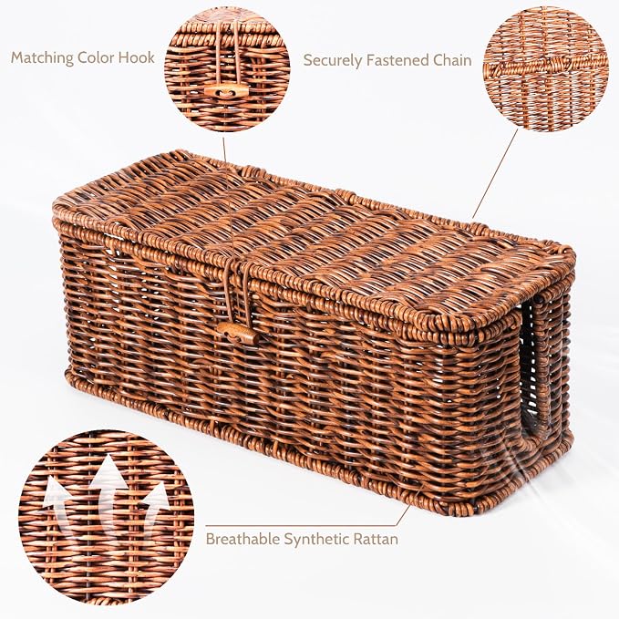 BROWNLILY Rattan Wire Storage Box, Handmade Cord Organizer for Desk Cord Hider Outlet Covers for Power Strip TV PC Router Charger Under Desk Cable Management Box