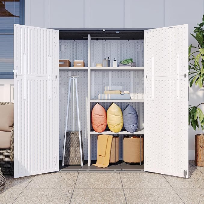 Aoxun Outdoor Storage Shed with Floor, 61 Cu.Ft Large Outdoor Storage Cabinet, Waterproof Vertical Resin Shed for Garden Tools, Pool Equipment, Grey White