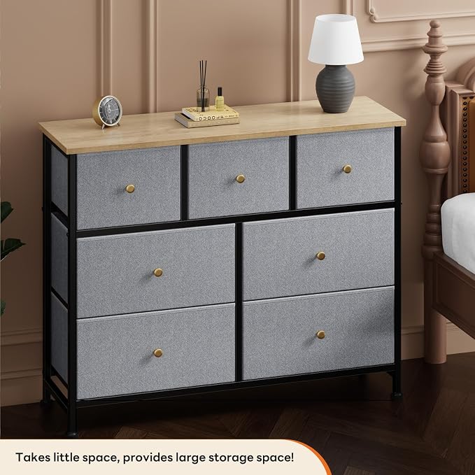 Sweetcrispy 7 Drawer Dresser with Fabric Bins, Fabric Storage Tower Organizer for Bedroom, Closet, Hallway, Entryway, Tall Chest of Drawers with Steel Frame, Wood Top, Large Storage, Gray Blue