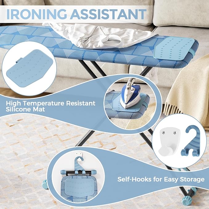 APEXCHASER Ironing Board with Iron Rest, Compact and Space Saver Iron Board, Extra Thick Cover, Height Adjustable, Wall Mount & Closet Hanger 13x43 Blue