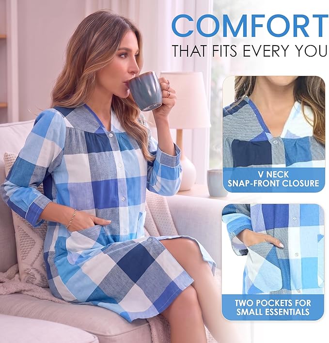 Casual Nights Women's Floral Snap Front Flannel Duster Long Sleeve Lounger Dress
