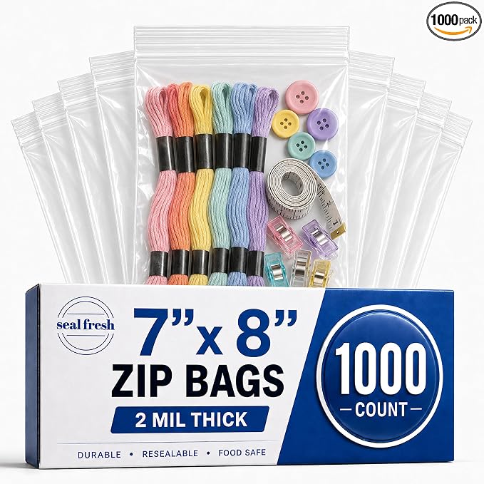 Seal Fresh Quart Resealable Plastic Bags 1000 Pack — Clear Reclosable 7 x 8 Inch Food Storage Bags with Zipper Seal for Freezer, Meal Prep, BPA Free