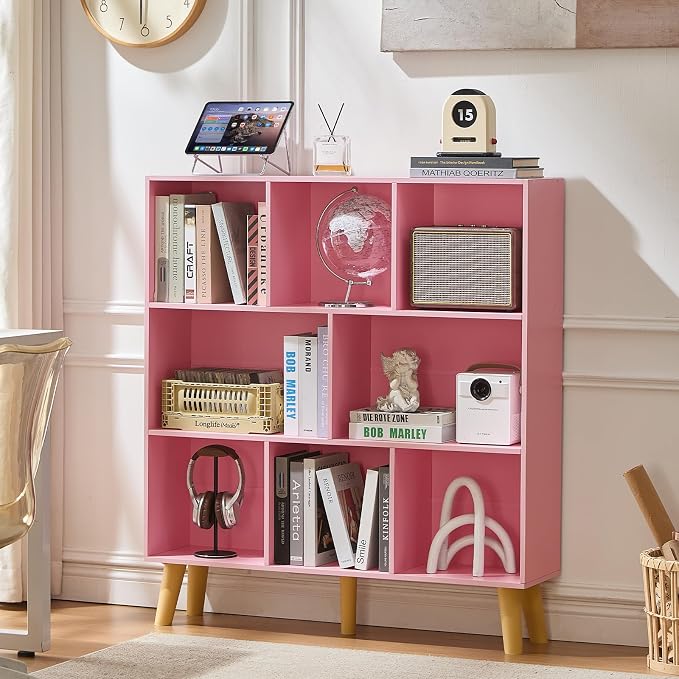 LEYAOYAO 8 Cube Bookshelf,Mid-Century Modern Bookcase with Legs,Light Pink | 3 Tier Book Shelf,Rustic Wood Bookshelves Freestanding Large Storage Organizer, Open Shelves for Bedroom, Living Room, Office