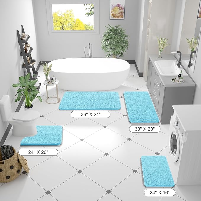 OLANLY Bathroom Runner Rugs 47x24, Soft Absorbent Chenille Bath Rugs, Rubber Backing Quick Dry, Machine Washable Long Bath Mats for Bathroom Floor, Tub and Shower, Home Decor Accessories, Sky Blue