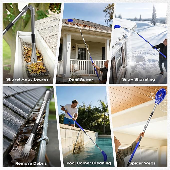 13ft Gutter Cleaning Tools From the Ground, No Ladder Needed, 3-in-1 Gutter Cleaner Pole with Replaceable Brush Rake Scoop, 180° Adjustable Angle for Leaves & Debris Cleaning with Grip Tapes, Blue