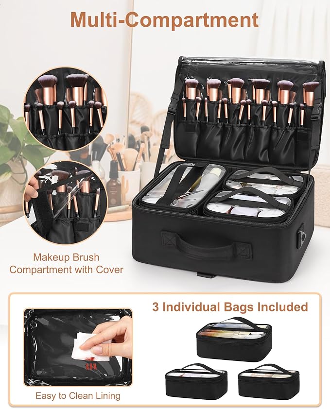 Relavel Large Makeup Case Professional Cosmetic Storage Organizer Box Brush Holder with 3 Clear Set Bags and Adjustable Dividers for Makeup Artists with Shoulder Strap