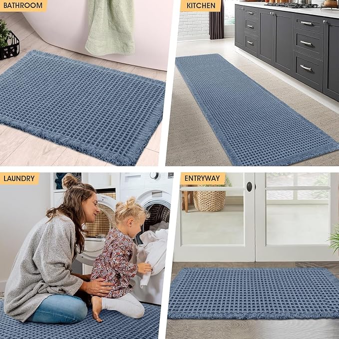IM HOME Waffle Bath Mat Set 3 Piece Blue,Woven Modern Bath Rug Mats, Absorbent Non Slip Bath Floor Mat, Soft Washable Boho Bath Rugs with Tassels for Bathroom, Bedroom, Kitchen, Tub