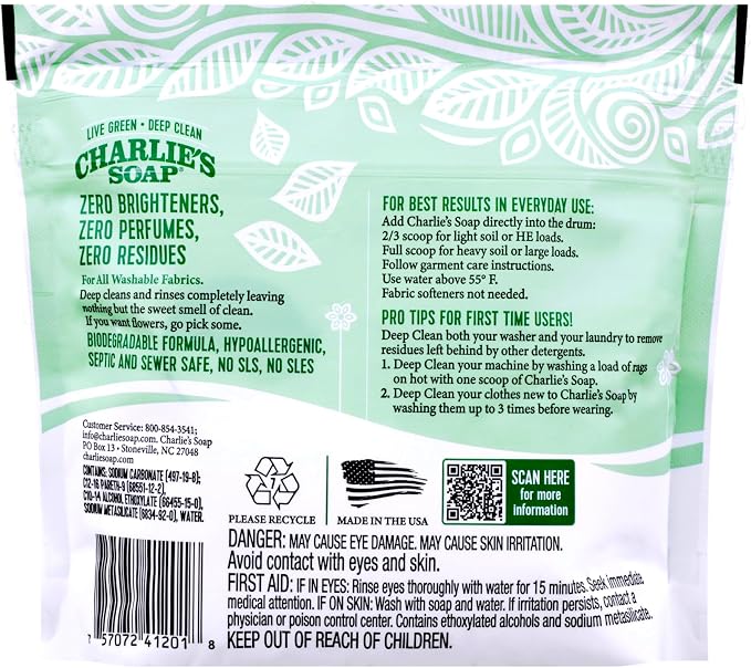 Charlie’s Soap Laundry Powder (50 Loads, 1 Pack) Hypoallergenic Deep Cleaning Washing Powder Detergent – Eco-Friendly, Safe, and Effective