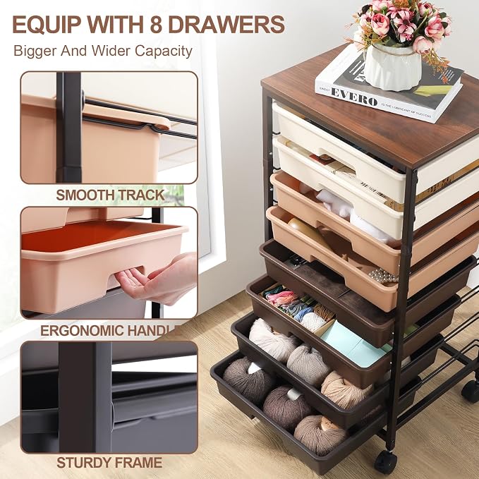 SYKIARIOL Rolling Storage Cart with Drawers, Rolling Drawer Cart and Wooden Tabletop,Storage Drawer Cart for Living Room,Classroom,Bedroom,Bathroom,Dorm,Office,Brown Gradient