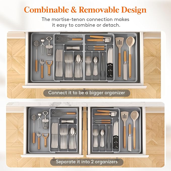 Lifewit Silverware Drawer Organizer, Expandable BPA Free Plastic Utensil Tray for Kitchen, Adjustable Flatware Cutlery Holder for Spoons Forks Knives, 21.3- 36 x 16.9", Gray