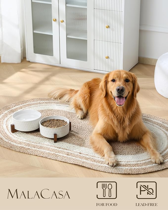 MALACASA Dog Bowl Set, Ceramic Bowls with Walnut Wood Stand, 6 Cups | Five-Leaf Grass and Honeycomb Design, Non-Slip Base, for Dogs, About 26% Heavier than Similar Ceramic Bowls