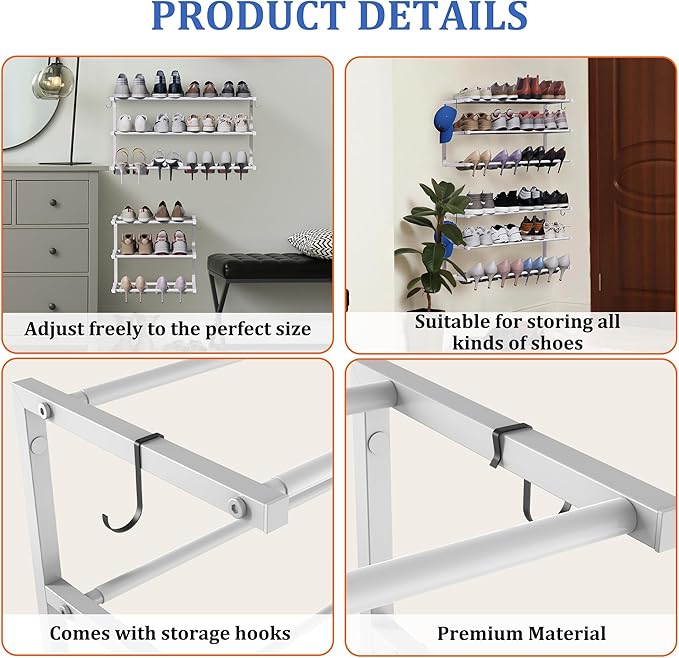 4 Pack Wall Mounted Shoe Rack, 3 Tier Hanging Shoe Rack Holds 48 Pairs, 17"-30"Adjustable Heavy Duty Metal Shoe Organizer Holder with 8 Storage Hooks, Space Saving for Closet Entryway Doorway（White)