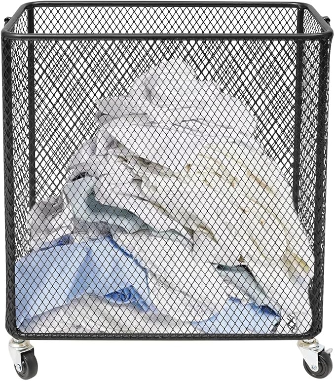 Laundry Hamper with Wheels, Rolling Laundry Basket Cart, Rectangular Metal Mesh Clothes Hamper with Metal Pull Handle for Laundry Room and Bedroom(Black, 16.9" x 9" x 17.7")