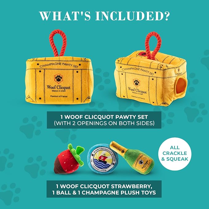 Haute Diggity Dog Woof Clicquot Pawty Set, Plush Designer Dog Toys with Interactive Squeaker, Stimulating Pet Enrichment, Machine-Washable & Safe Materials for All Breeds, One Size