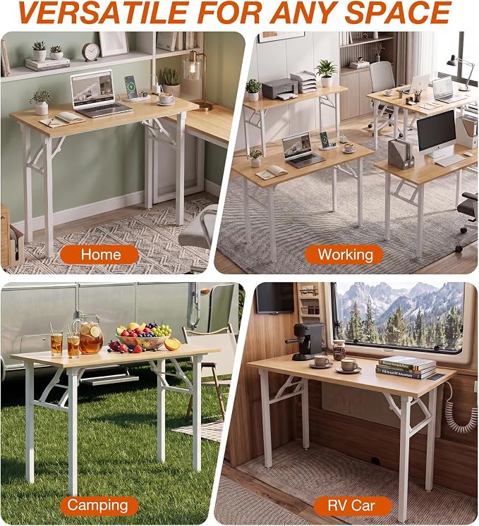 XBurmo Small Folding Desk Folding Table, No Assembly Foldable Desk Gaming Desk, 43.3-Inch Computer Table Workstation with 2 AC Outlets and 2 USB Ports for Bedroom and Home Office, Light Maple