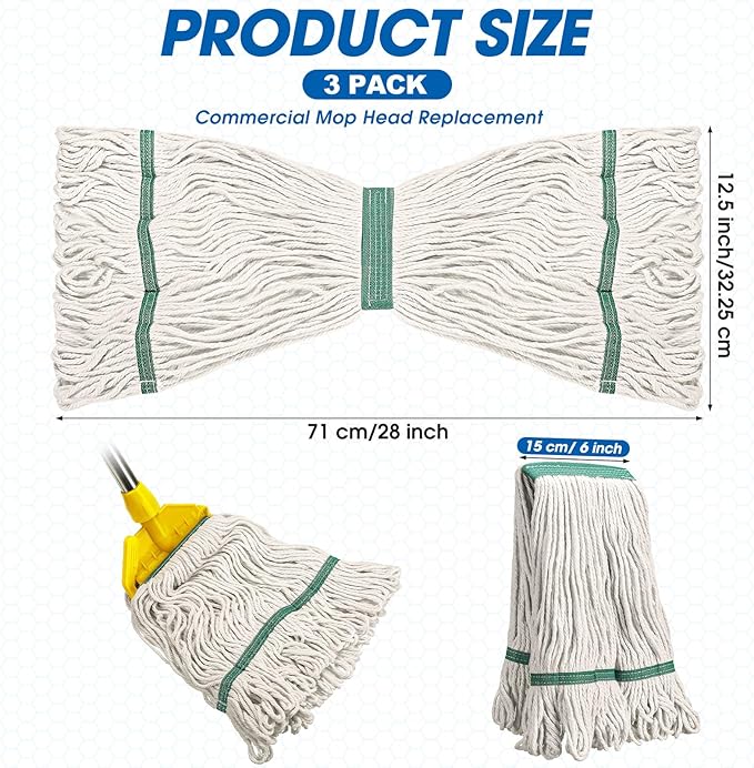 Eccliy 10 Pack Commercial Mop Heads Replacement Heavy Duty 18 oz Loop End Cotton String Wet Mop Refills Washable Absorbent Reusable for Industrial Home Tile Wood Concrete Floor (White,Green)